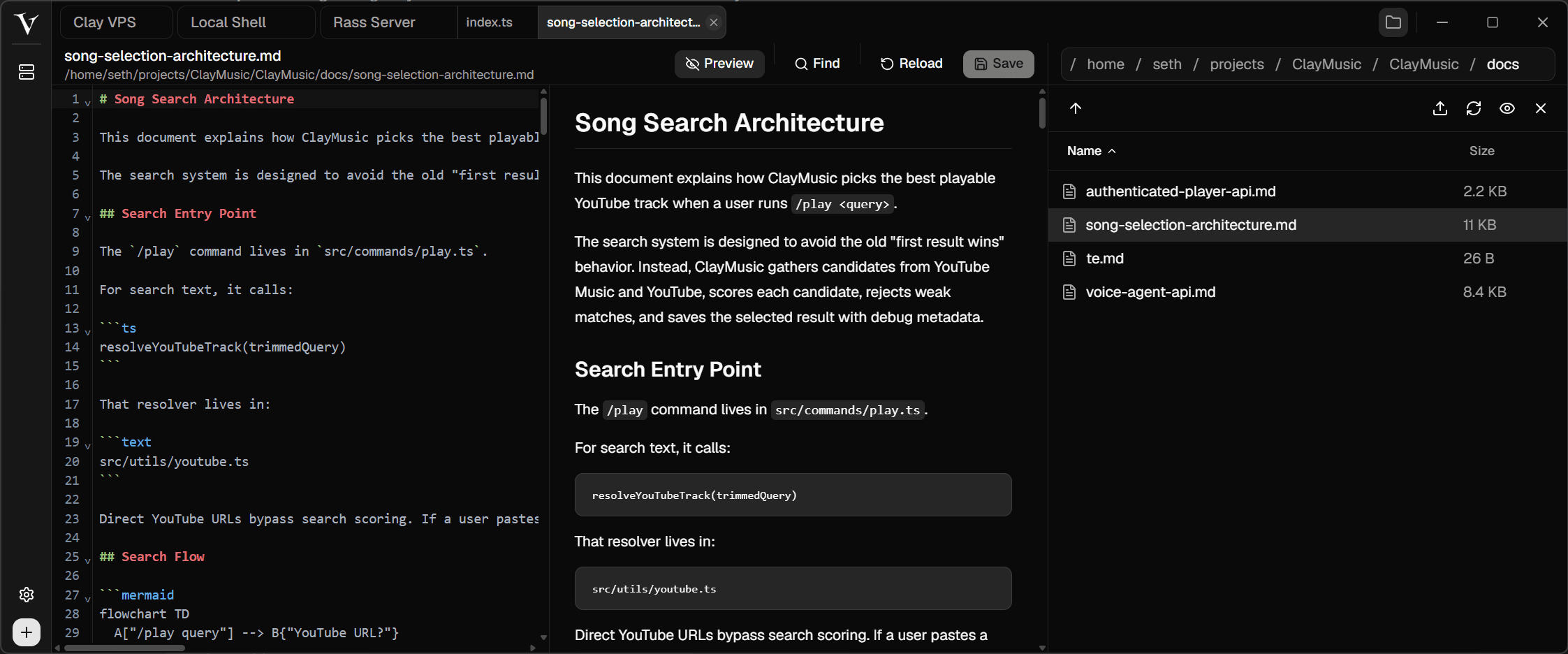 VShell markdown editor with live preview and file browser