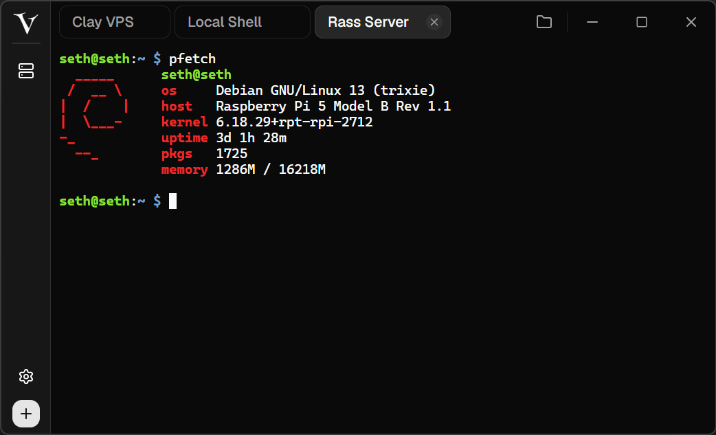 VShell terminal connected to a remote Raspberry Pi