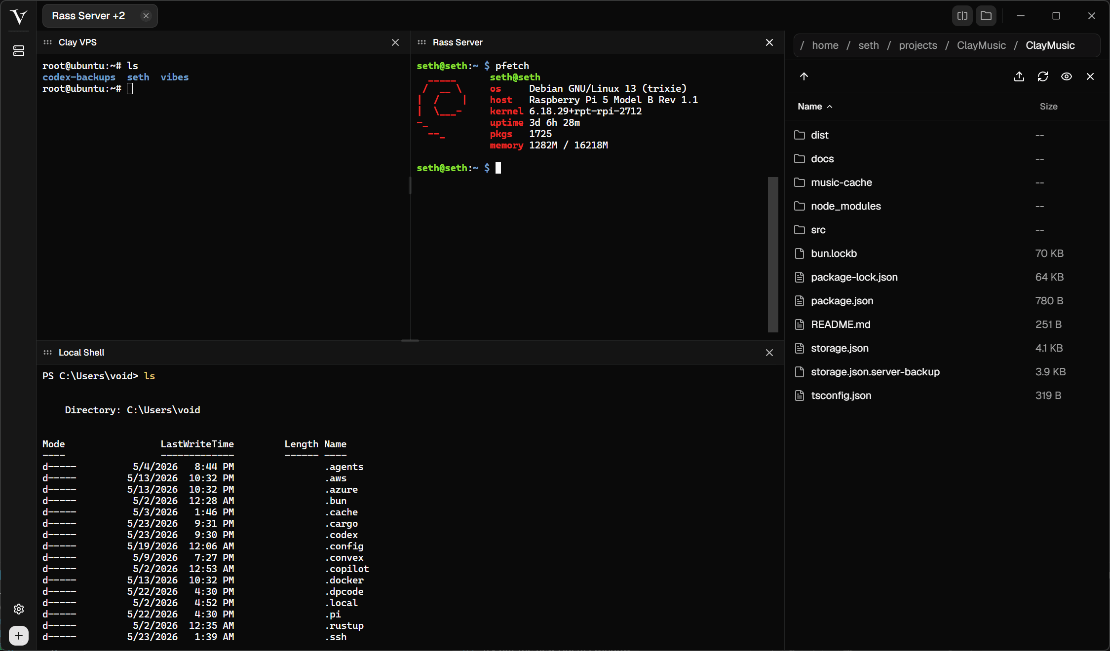 VShell split workspace with multiple terminals and a file browser