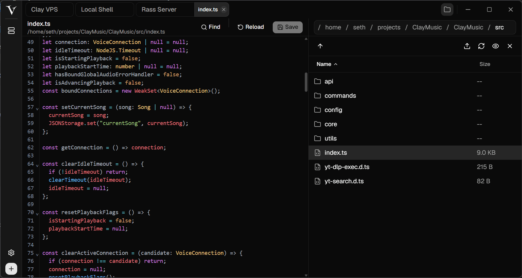 VShell code editor beside a remote project folder